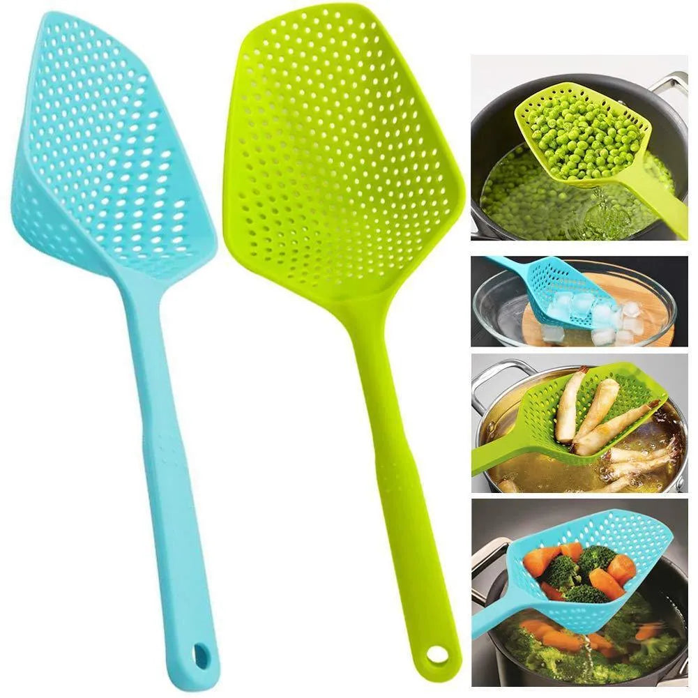 Large black nylon strainer scoop with long handle for draining food from hot pans in the kitchen.