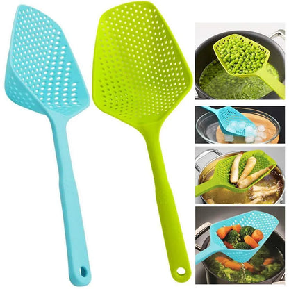 Large black nylon strainer scoop with long handle for draining food from hot pans in the kitchen.