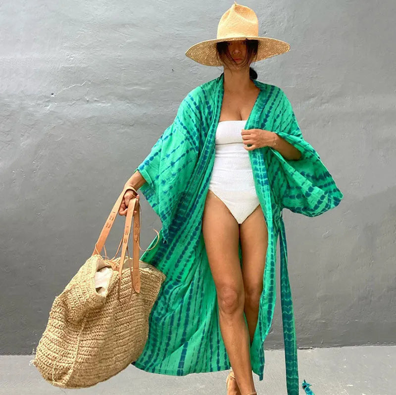 Printed loose beach cover-up shirt with long sleeves in cotton fabric for sun protection