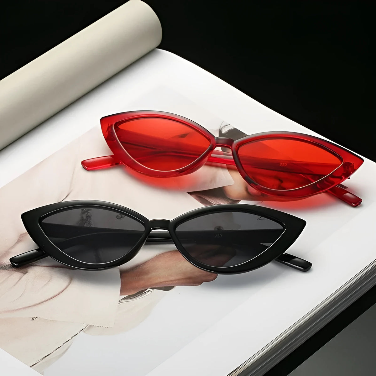 Cat eye sunglasses with PC frame, available in black, blue, grey, pink, purple, red, and yellow.