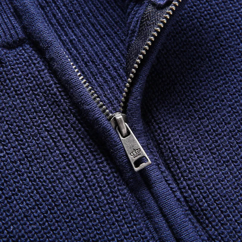 Men's autumn knitted jumper with round neck and long sleeves, shown in black, blue, and red colour options.