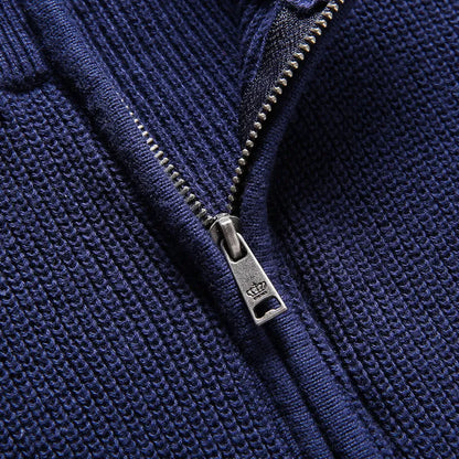 Men's autumn knitted jumper with round neck and long sleeves, shown in black, blue, and red colour options.