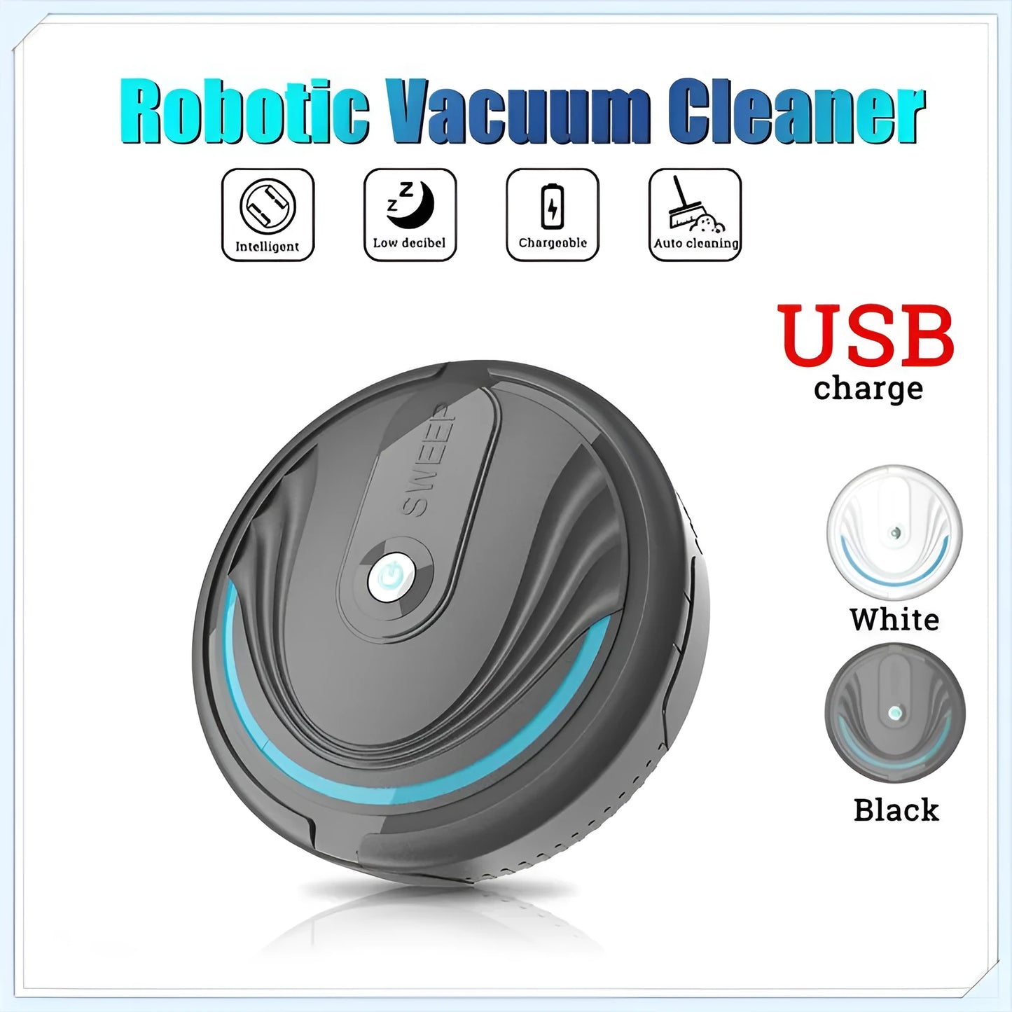 Black automatic sweeping robot vacuum cleaner with remote control on a wooden floor.