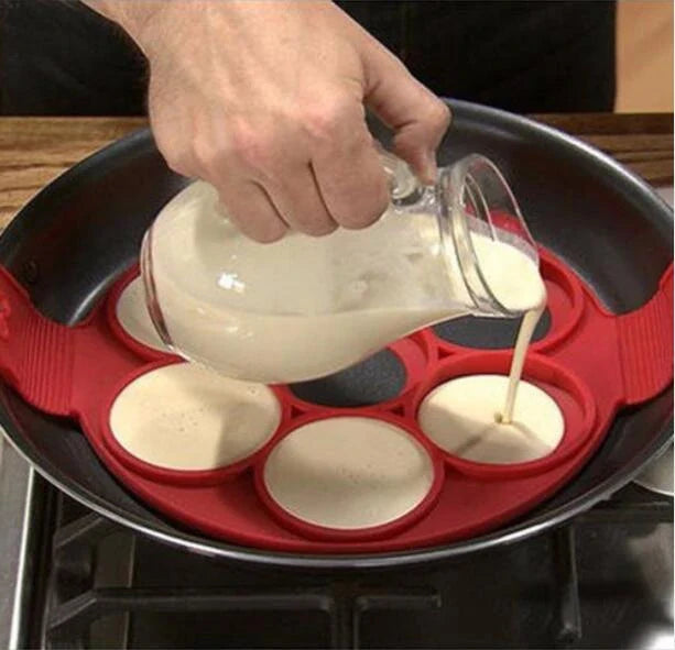 Nonstick silicone pancake maker with seven cavities for creating perfectly shaped pancakes easily