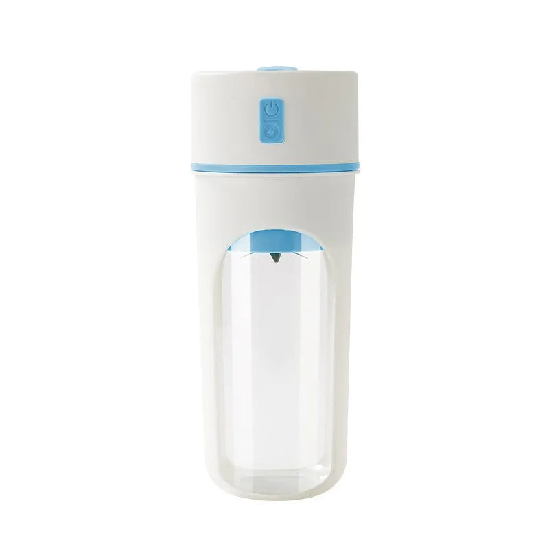 Blue portable USB rechargeable electric juicer blender with a large feed cap on a kitchen counter.