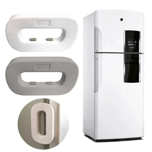 Child safety refrigerator lock for baby-proofing cabinets in white and grey