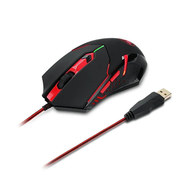 Black and red USB wired optical gaming mouse on a desk with visible buttons and scroll wheel.
