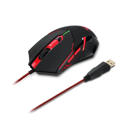 Black and red USB wired optical gaming mouse on a desk with visible buttons and scroll wheel.