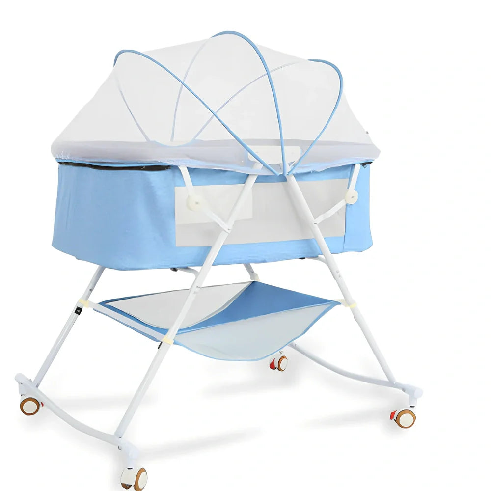 Foldable baby crib with mosquito net and roller wheels in European design