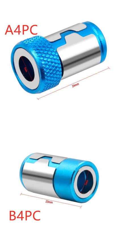 Light blue magnetic screwdriver bit with slotted head and magnetic ring for metric screws