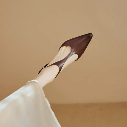 Women's black and brown cowhide leather high heels with pointed toe design