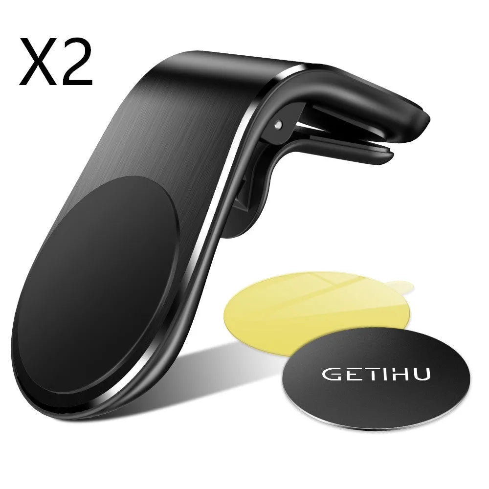 Black, gold, and silver car mounting bracket for dashboard or windscreen, shown with adhesive sticker and rotating variants.