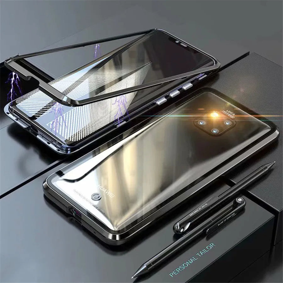 Magnetic phone case with metal frame and 9H tempered glass back in black, blue, red, or white for Honor and Huawei phones