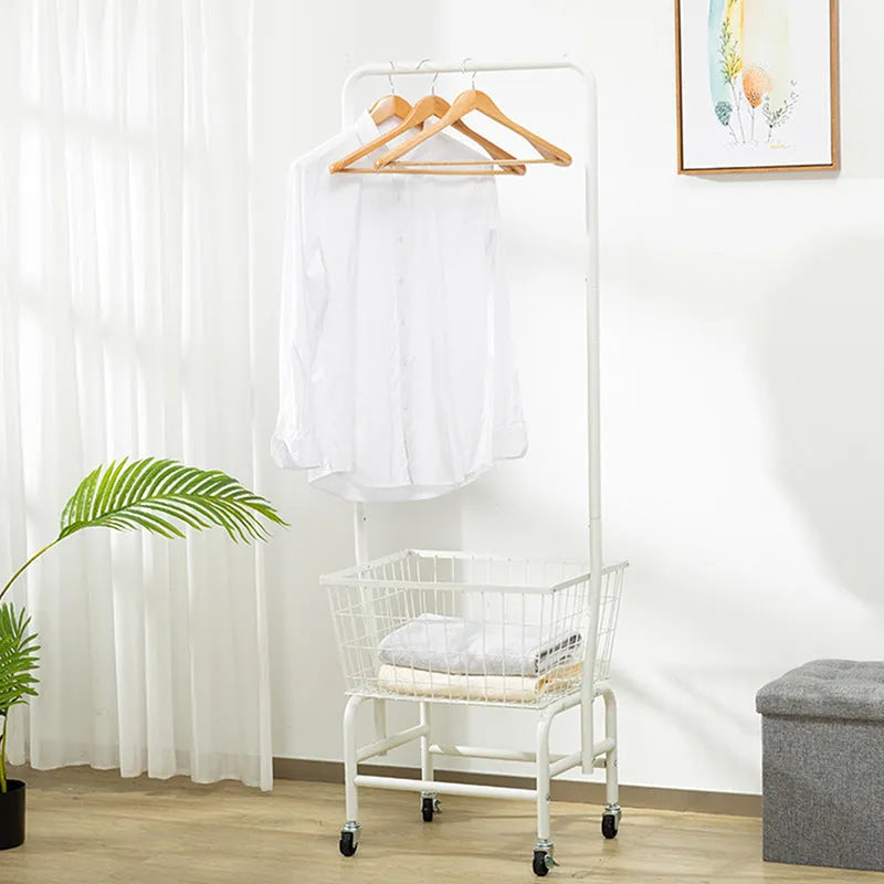 White freestanding mobile clothes rail with a single hanging rod, four casters, and an integrated pulley system.