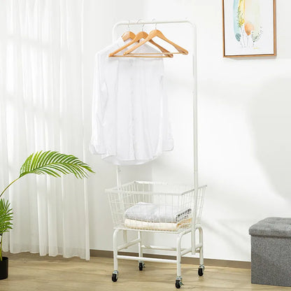White mobile clothes rail with four wheels and a single iron hanging rod, shown holding shirts on hangers.