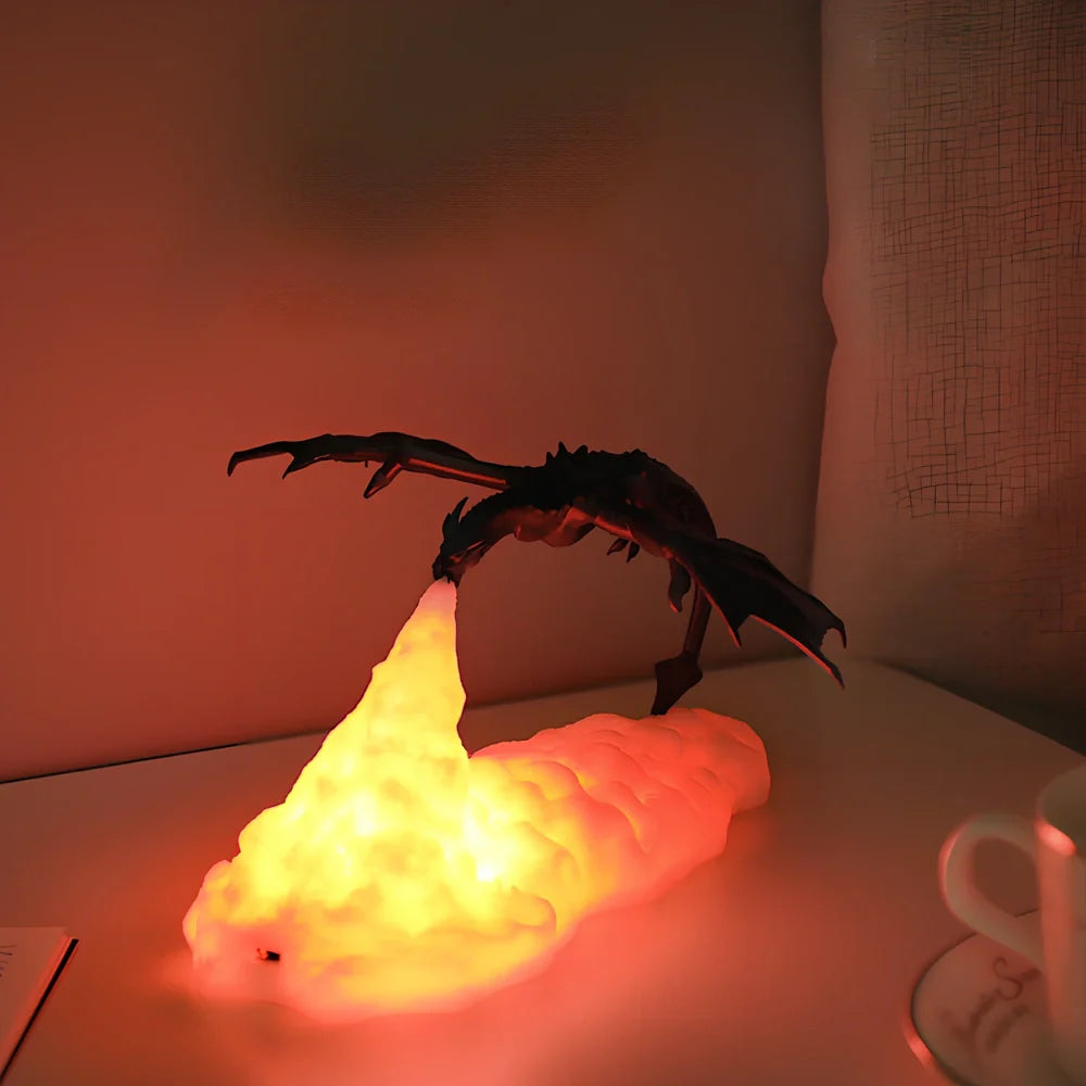 3D printed dragon LED night light with blue colour and fire illumination effect