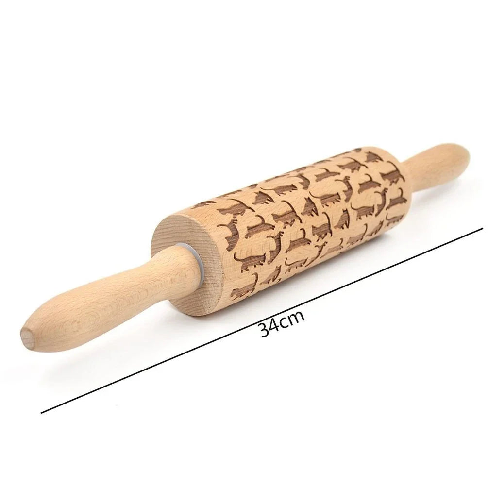 Festive rolling pin with embossed Christmas designs for easy imprinting on dough
