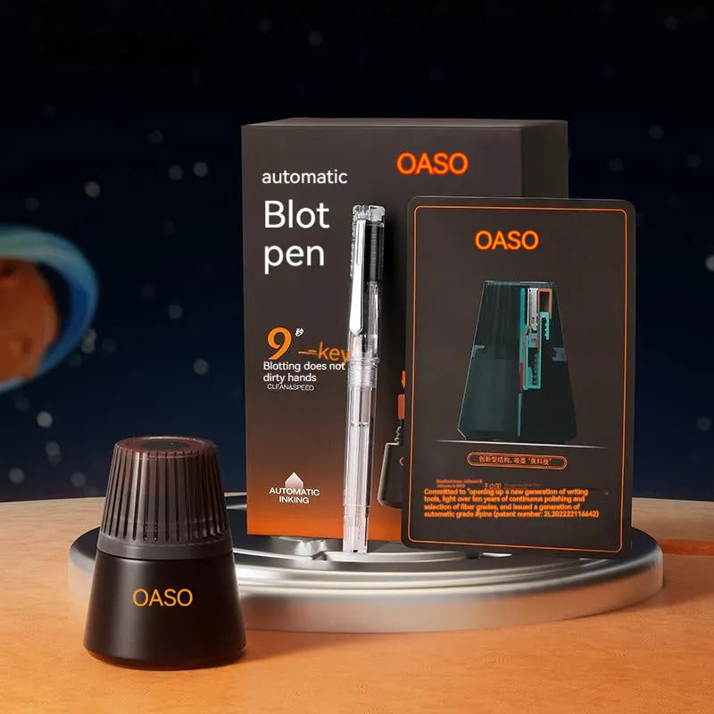 Student automatic suction pen set showing pen, ink feeder, and handbag with 0.38mm and 0.5mm nib options