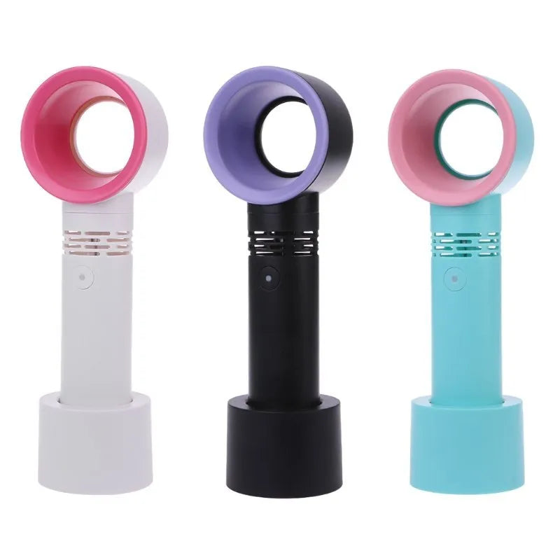 Portable bladeless fan with USB cable and base, showing compact design and bladeless airflow
