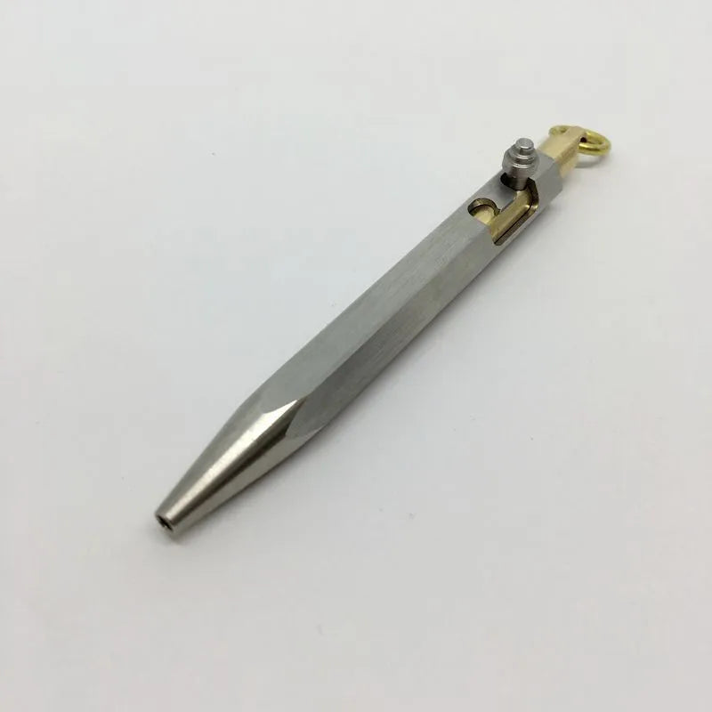 Six-sided stainless steel brass keychain push pen with metal shell and keychain attachment