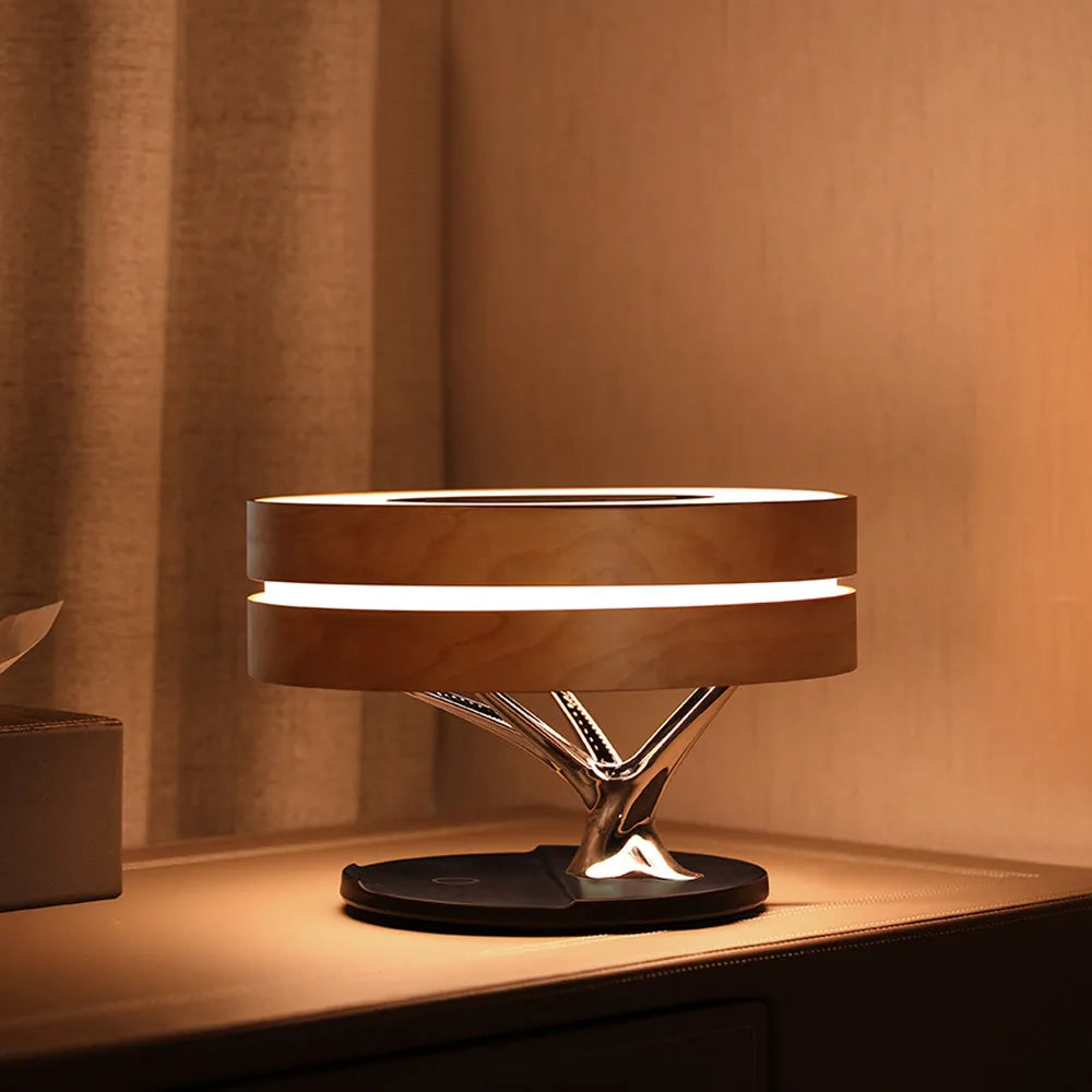 Round maple ABS+PC bed lamp with Bluetooth speaker, wireless charging, and circular tree LED light, 300 x 300 x 215mm