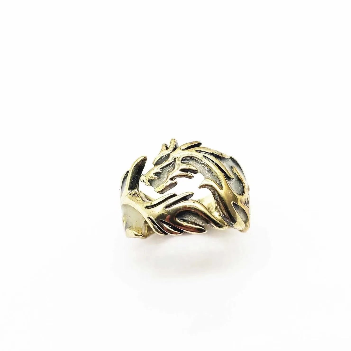 Adjustable metal ring with a luminous Chinese dragon pattern in antiqued silver, blue, and green colours.