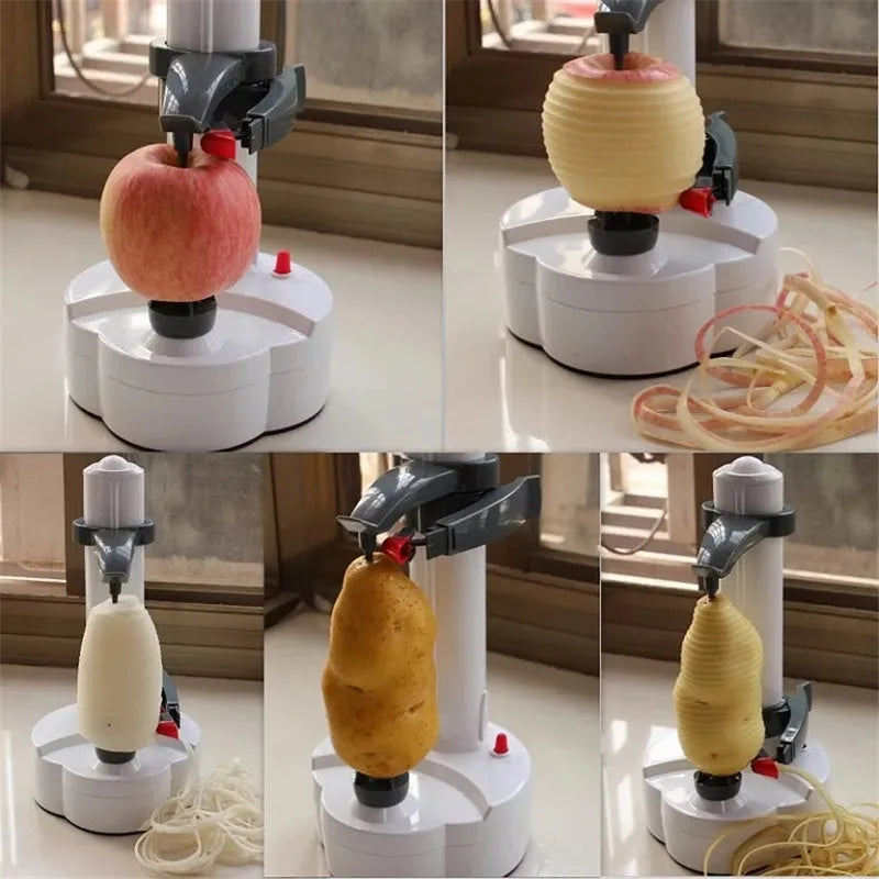 White electric fruit and vegetable peeler with stainless steel blades on a non-slip ABS base, showing adjustable needle and food holders