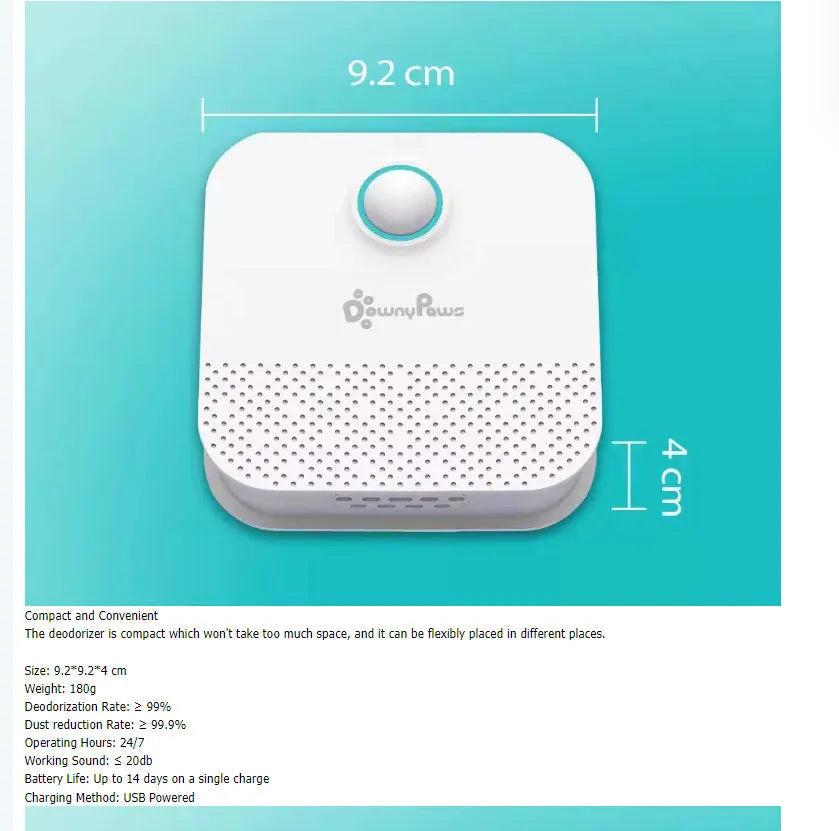 White DownyPaws 4000mAh smart cat litter odour purifier unit, measuring 9.2cm, placed beside a litter tray.