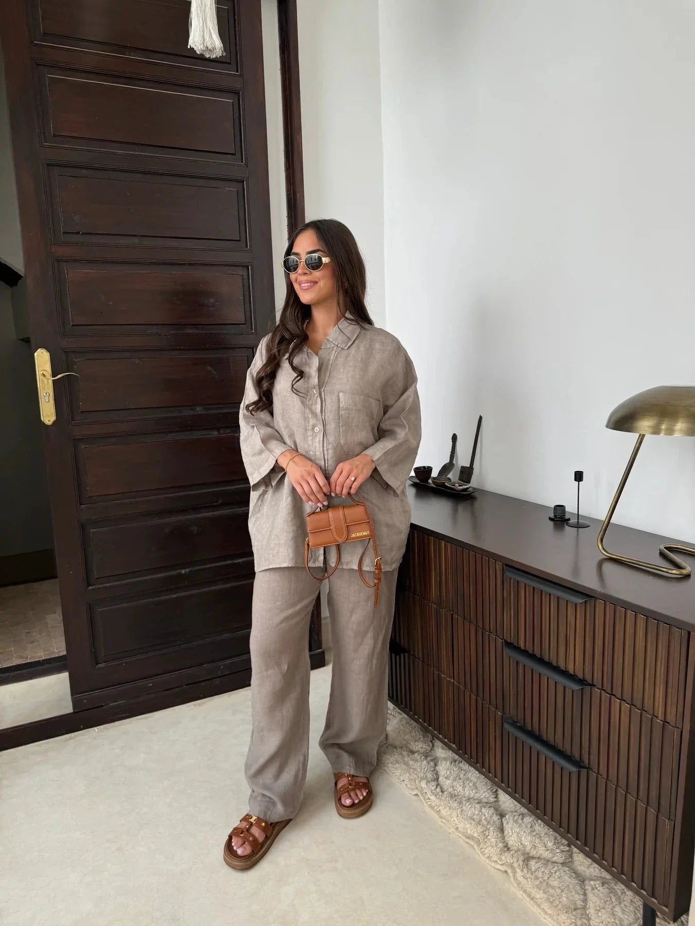 Stylish polyester wide-leg pants and long-sleeve shirt set in a variety of colors including beige, black, orange red, army green, and khaki