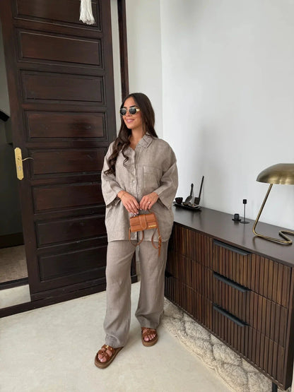 Stylish polyester wide-leg pants and long-sleeve shirt set in a variety of colors including beige, black, orange red, army green, and khaki