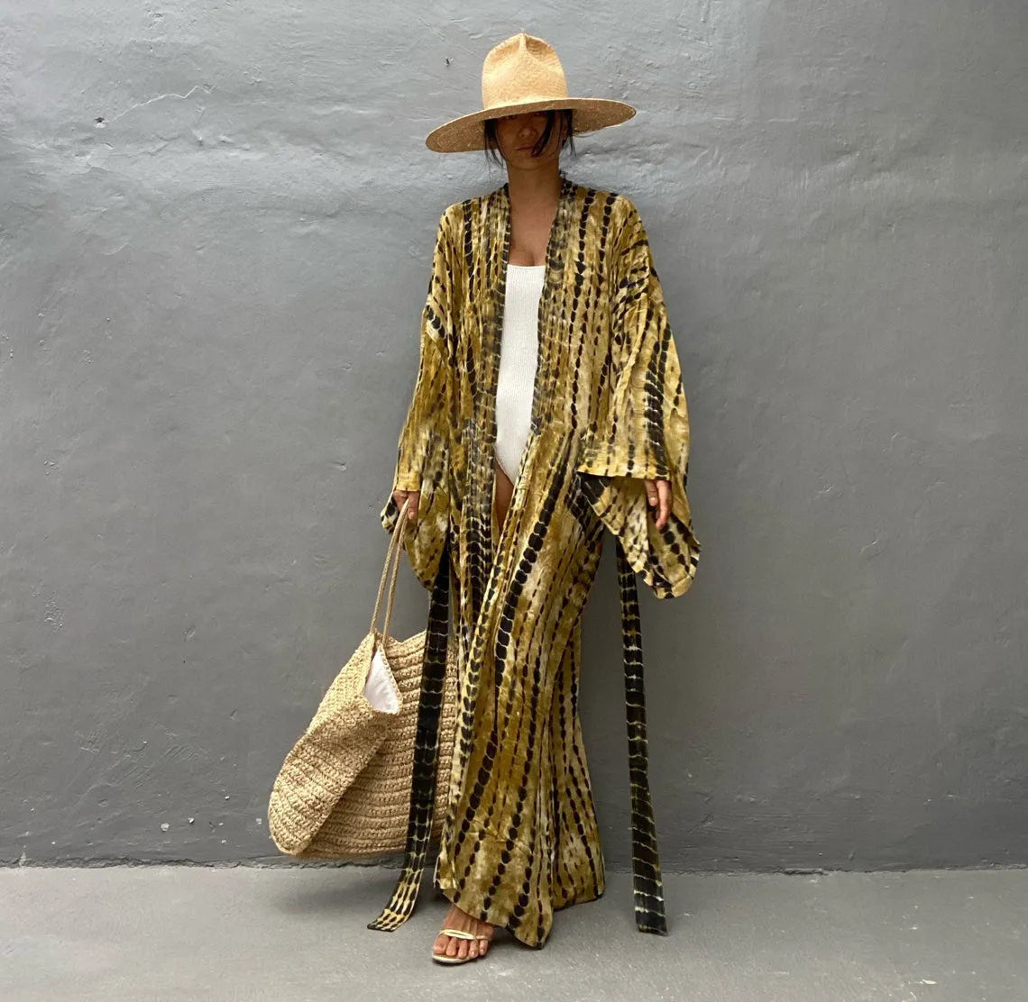 Printed loose beach cover-up shirt with long sleeves in cotton fabric for sun protection