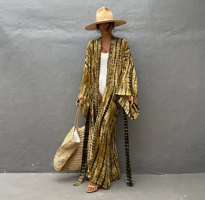 Printed loose beach cover-up shirt with long sleeves in cotton fabric for sun protection