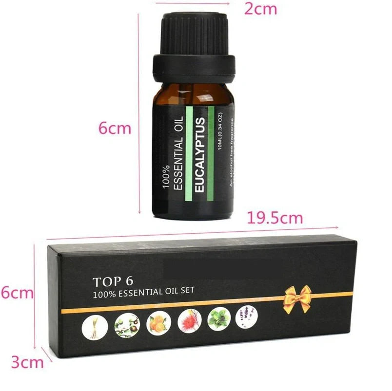 Essential oil massage aromatherapy set with six 10ml bottles of orange, lavender, tea tree, peppermint, eucalyptus, and lemongrass oils