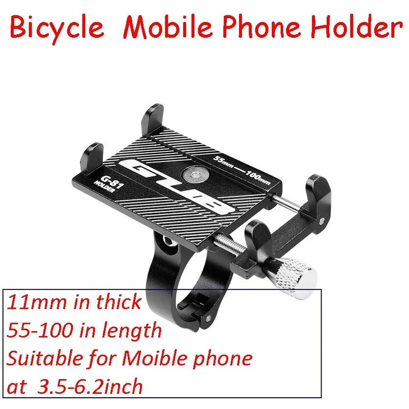 Bicycle phone holder with 360-degree rotation, aluminium alloy construction, CNC technology, adjustable clamp for 22-31.8mm handlebars, suitable for mobile phones from 3.5 to 6.2 inches, available in red, titanium colour, and black