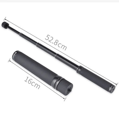 Black retractable selfie stick extended to 100cm with phone attached and Bluetooth remote