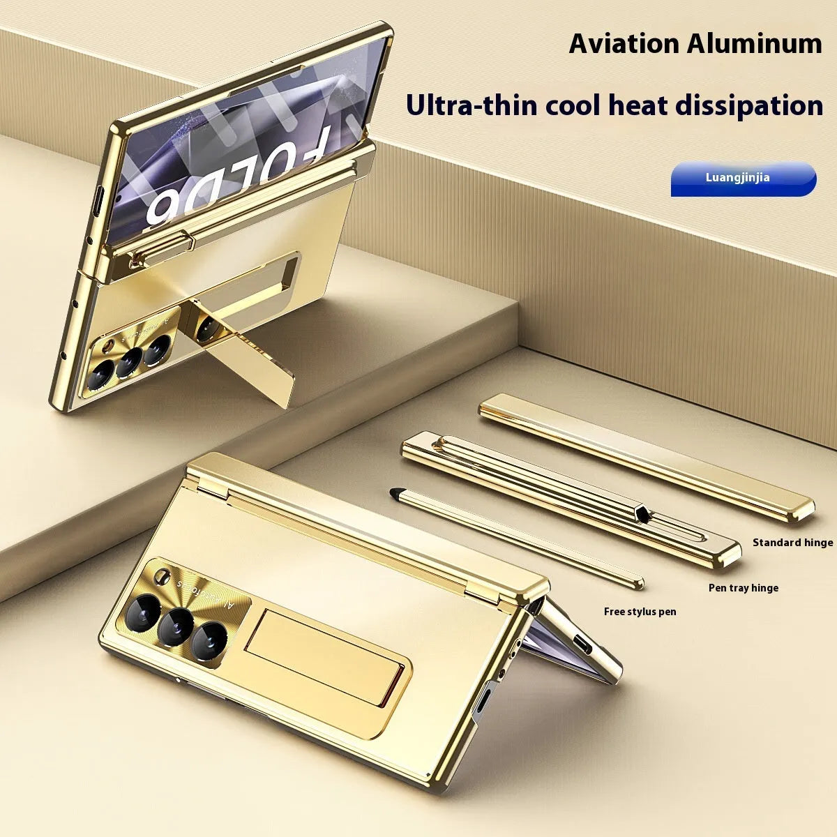 Aluminium alloy flip phone case for Samsung Z Fold 6 with magnetic suction and bracket in gold or black armour colour