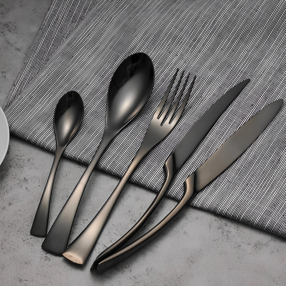 Black stainless steel cutlery set with mirror polish finish showing fork, knife, coffee spoon, soup spoon, steak knife