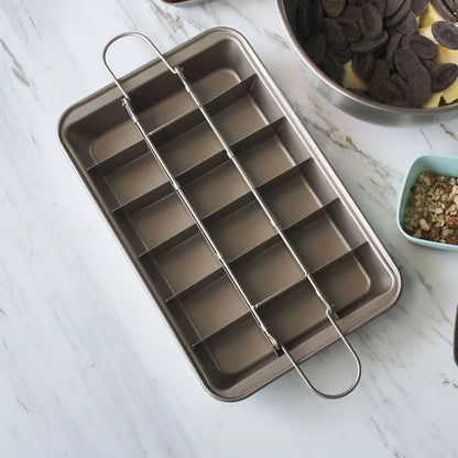 Silver checkered brownie baking pan with square moulds on high carbon steel
