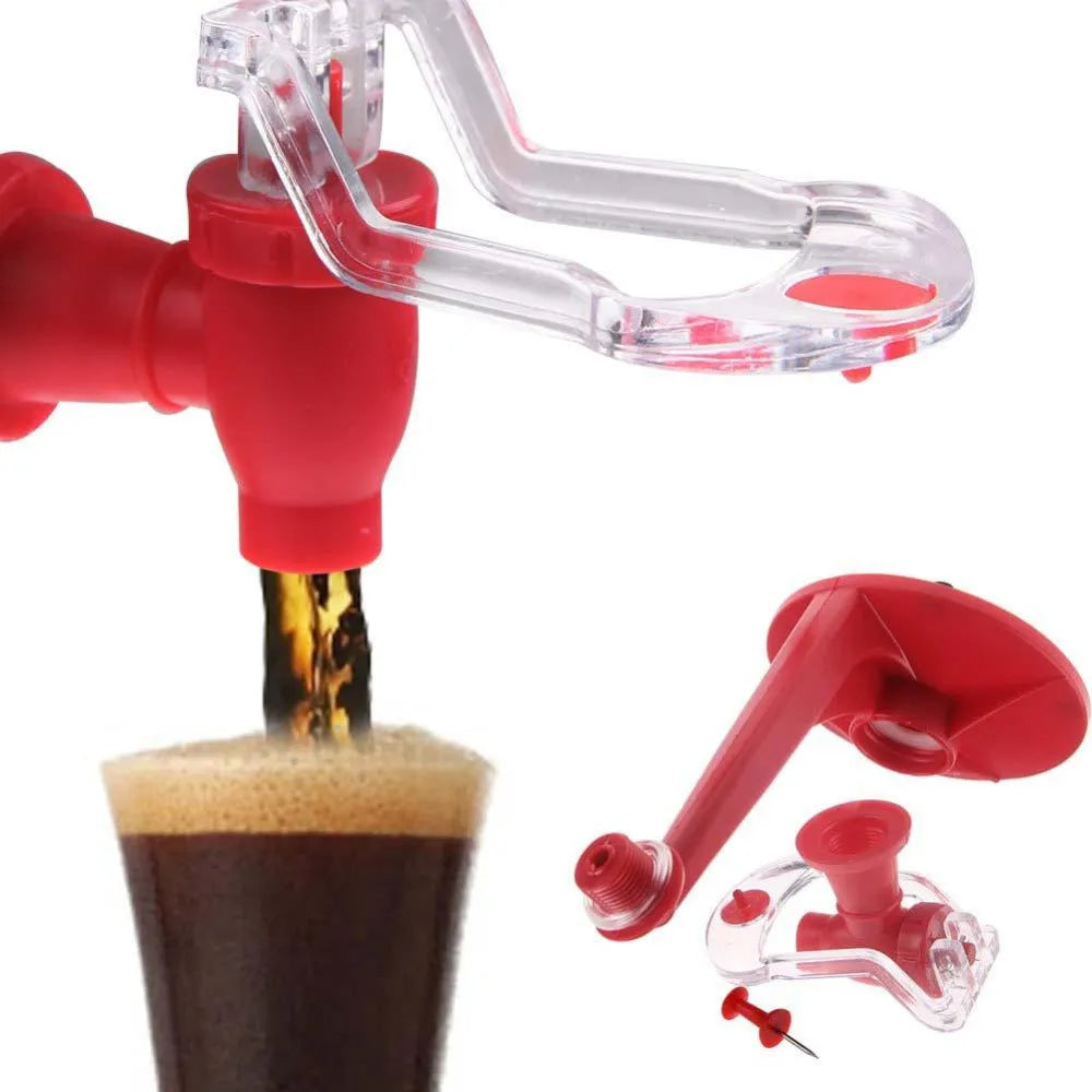 Red plastic Magic Tap soda bottle dispenser attached to an inverted 2-litre bottle on a kitchen table.