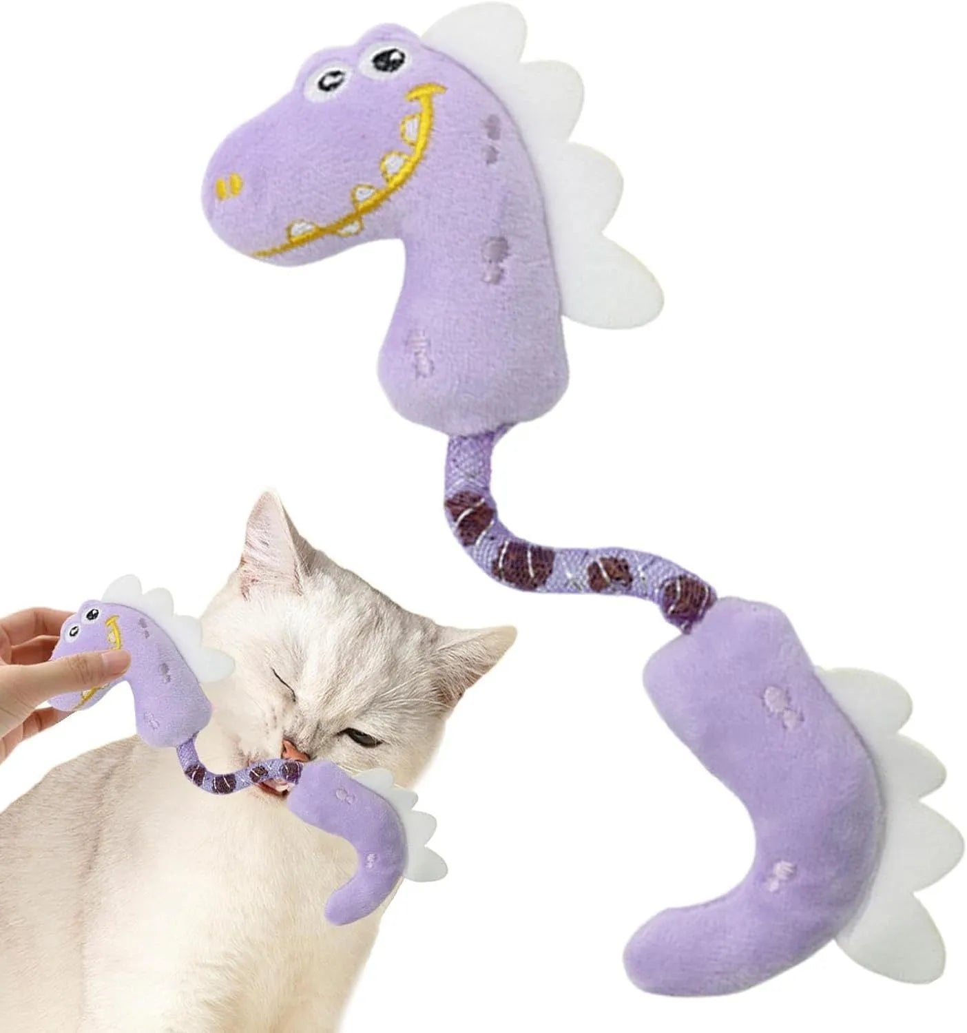 Set of four colourful plush cat toys: a mouse, a fish, a bunny, and a chew toy on a plain background.