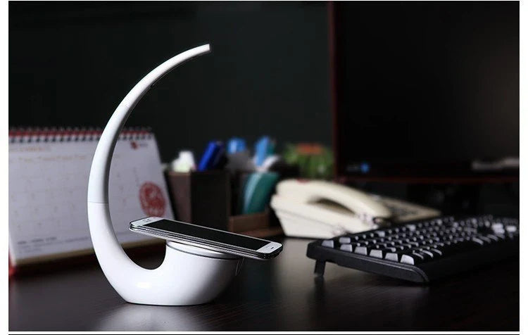 Stylish wireless charging table lamp with minimalist design, touch controls, and energy-efficient LED lighting