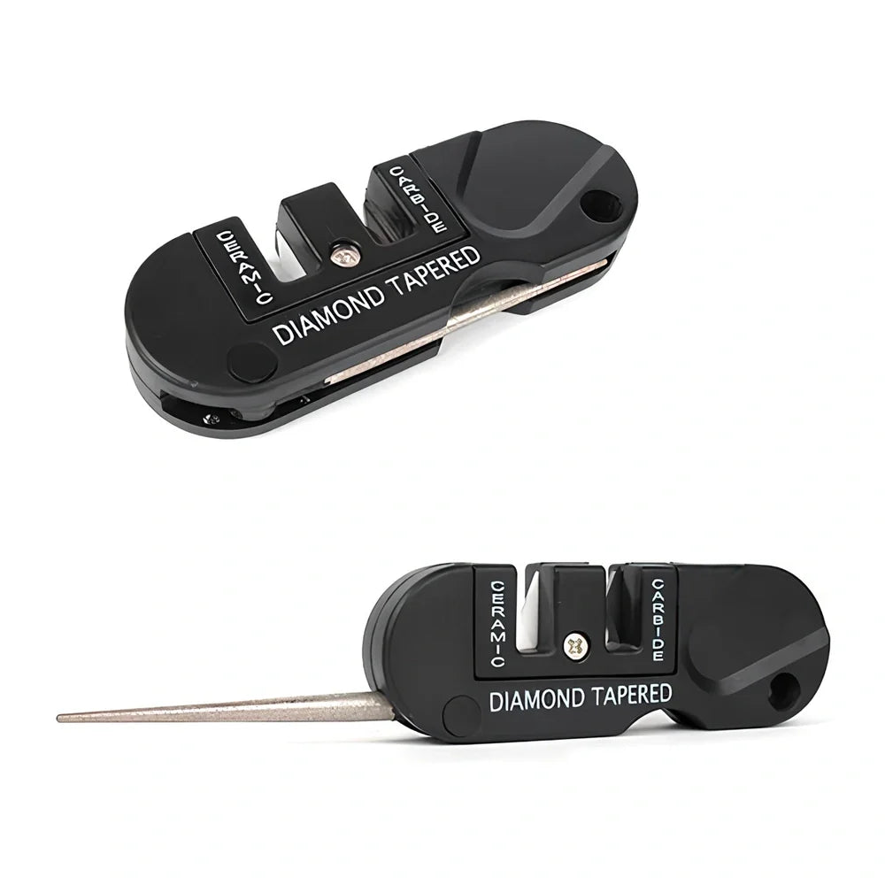 Black Pocket Pal knife sharpener with carbide blades, ceramic slot, and diamond rod, 3-1/2 inches long for hiking use