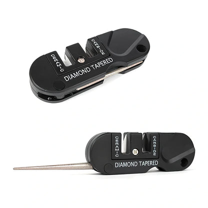 Black Pocket Pal knife sharpener with carbide blades, ceramic slot, and diamond rod, 3-1/2 inches long for hiking use