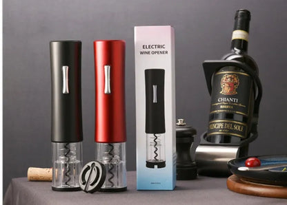 Black electric wine opener with transparent cover and aluminum foil cutter on wooden table