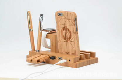 Bamboo charging station with multiple USB ports for charging Apple devices like iPhone, Apple Watch, and iPad