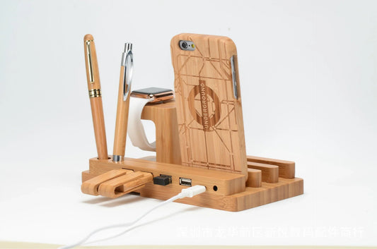 Bamboo charging station with multiple USB ports for charging Apple devices like iPhone, Apple Watch, and iPad