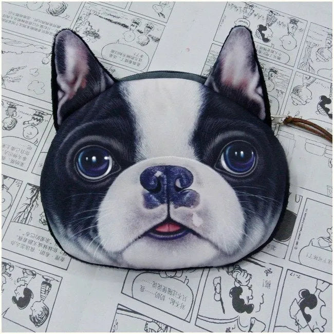 Cat dog face zipper coin purse in polyester and plush, 13x12.5cm, with zip closure for coins and makeup