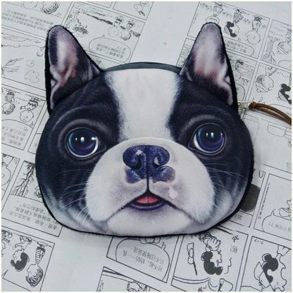 Cat dog face zipper coin purse in polyester and plush, 13x12.5cm, with zip closure for coins and makeup