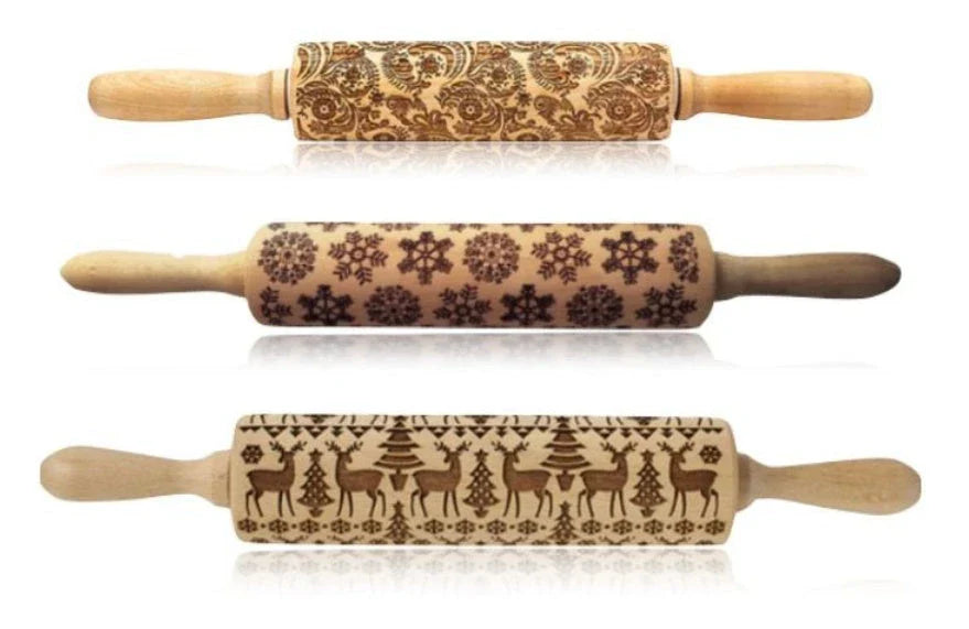 Festive rolling pin with embossed Christmas designs for easy imprinting on dough