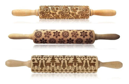 Festive rolling pin with embossed Christmas designs for easy imprinting on dough